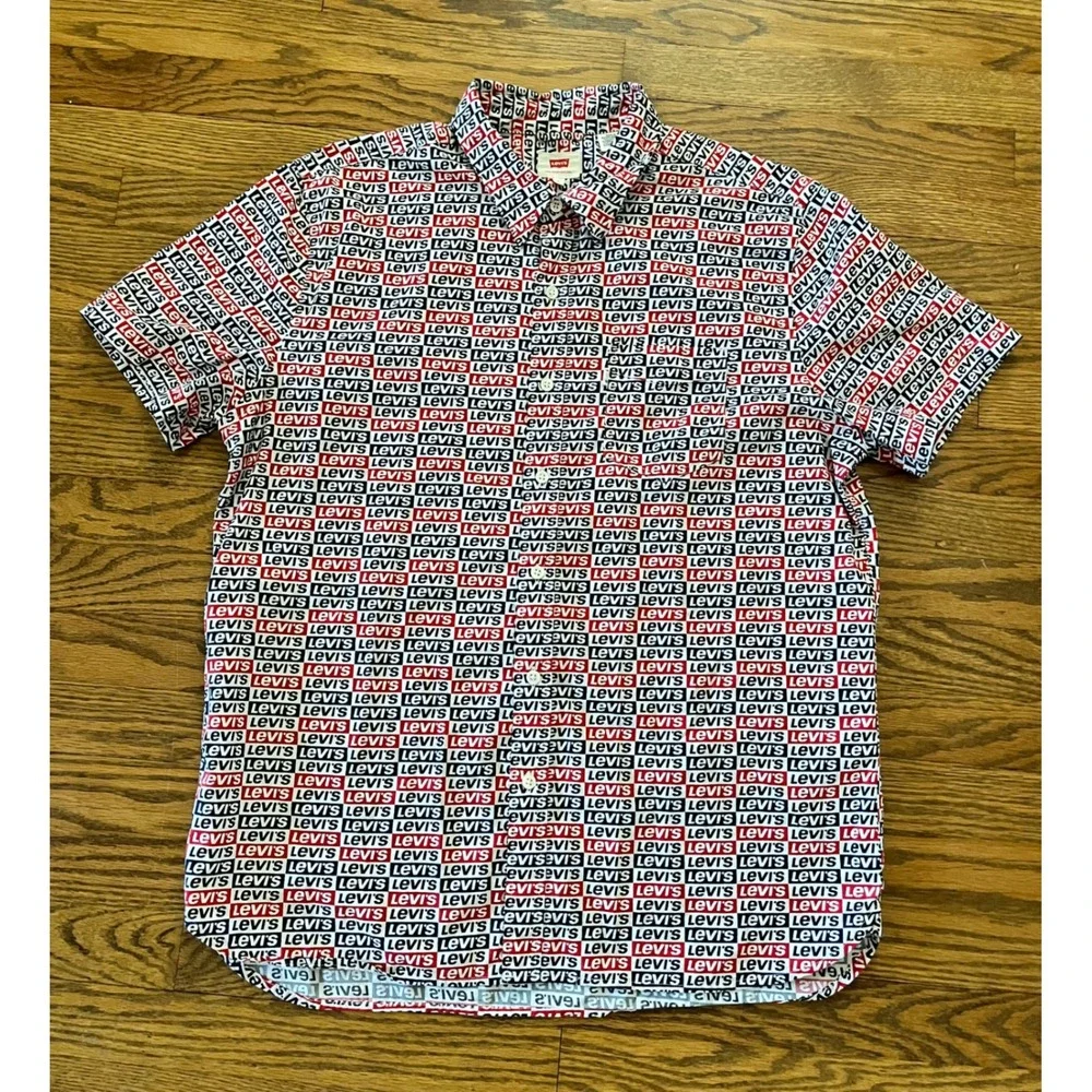Levis Supima Cotton Short Sleeve Button Down Shirt AOP Logo Print Men's Large